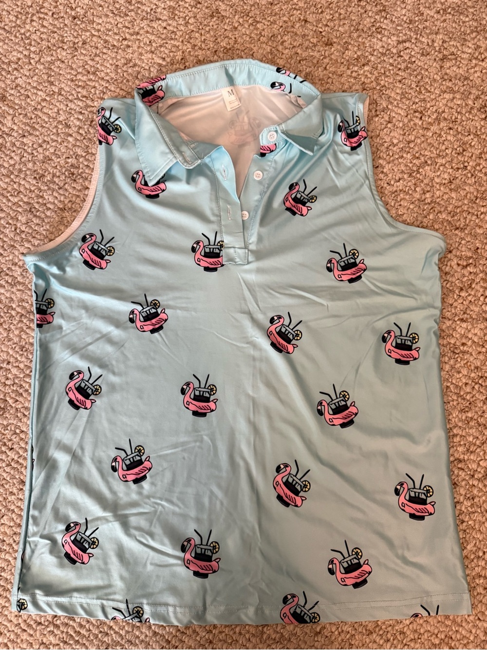 Women’s Light Blue Sleeveless Polo Top with Pink Flamingo Print